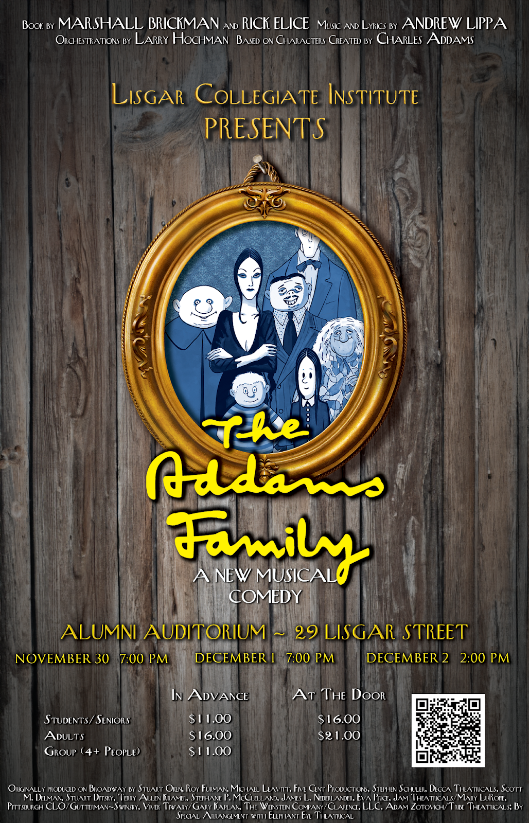 Addams Family Musical Poster. Lisgar Collegiate Institute Presents, The Addams Family, A New Musical Comedy. Alumni Auditorium, 29 Lisgar Street. November 30 at 7pm, December 1 at 7pm, December 2 at 2pm.